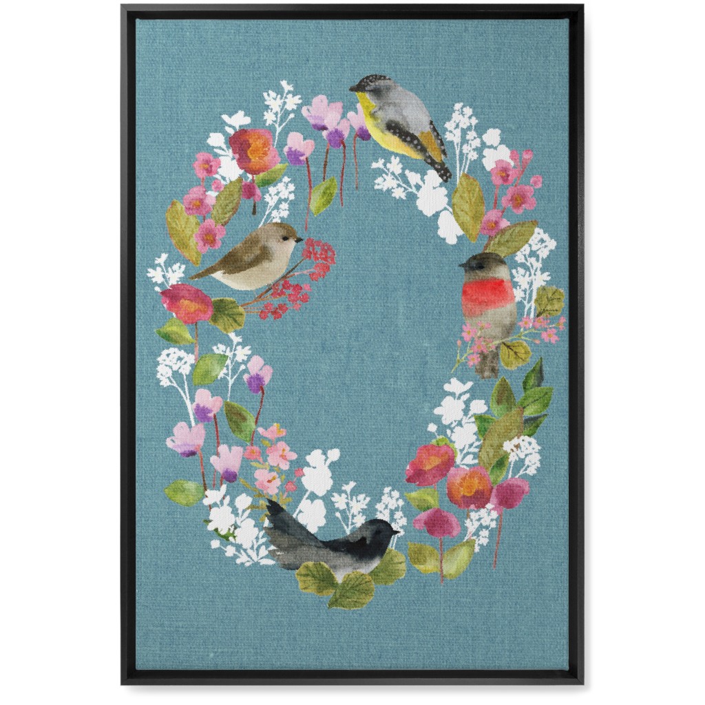 Winter Birds in the Garden Wreath - Blue Wall Art, Black, Single piece, Canvas, 20x30, Blue, True Blue
