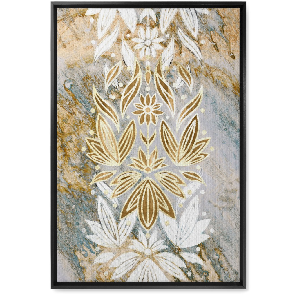 Floral Art Deco Marble Wall Art, Black, Single piece, Canvas, 20x30, Yellow, Pebble
