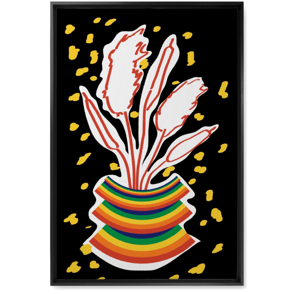 Retro Rainbow Abstract Floral in Vase - Multi on Black Wall Art, Black, Single piece, Canvas, 20x30, Multicolor