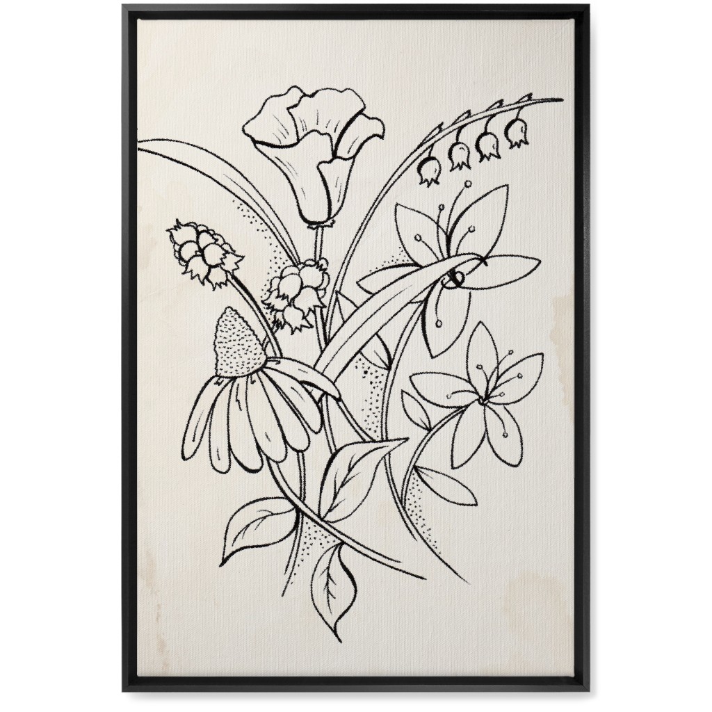 Vintage Wildflower Sketch - Beige and Black Wall Art, Black, Single piece, Canvas, 20x30, Beige