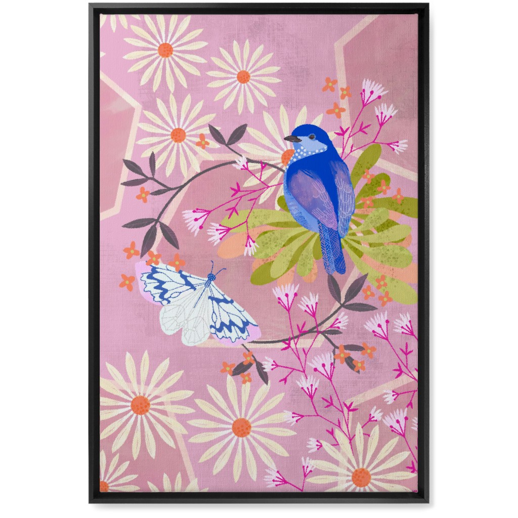 Birds and Butterfly - Pink Wall Art, Black, Single piece, Canvas, 20x30, Pink