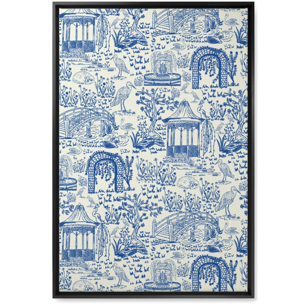 Garden Walk Toile De Jouy - Blue Wall Art, Black, Single piece, Canvas, 20x30, Blue