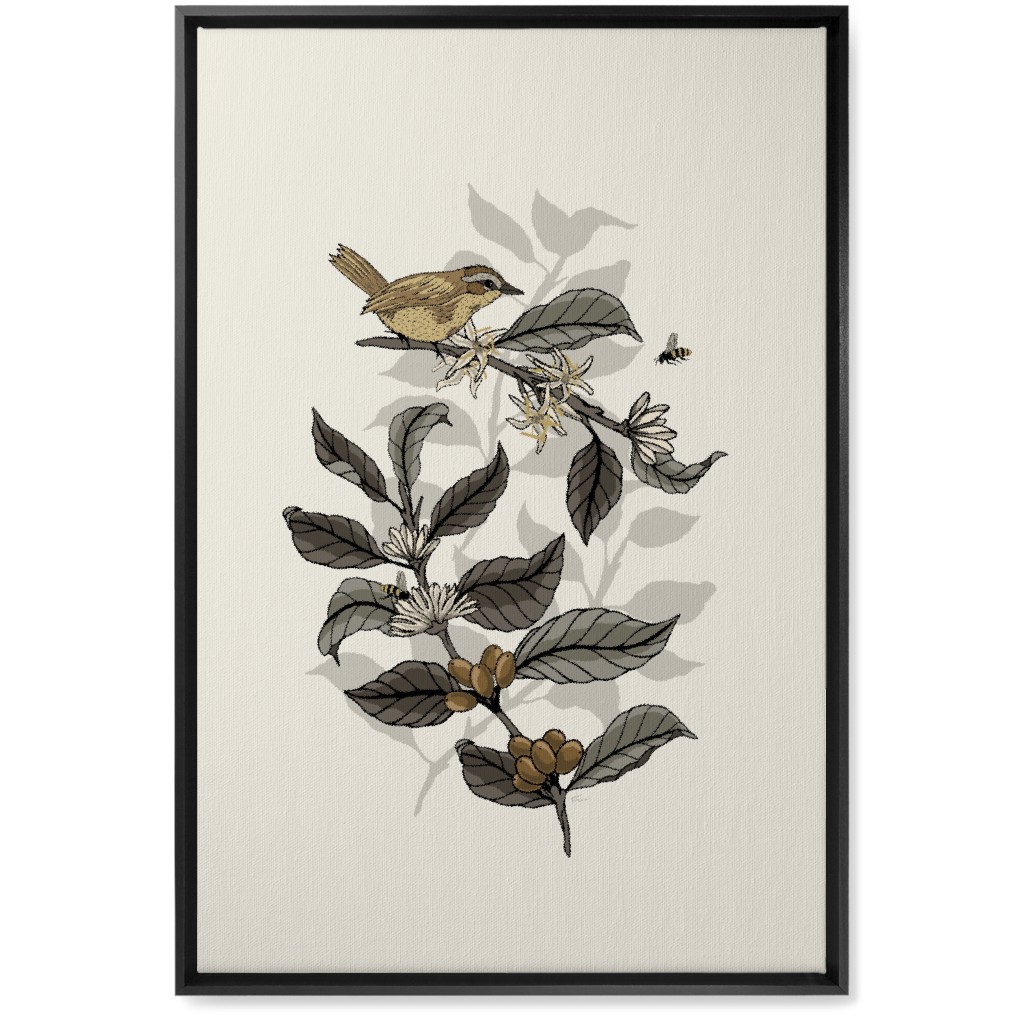 Bee, Bird and Coffee Plant - Neutral Wall Art, Black, Single piece, Canvas, 20x30, Beige
