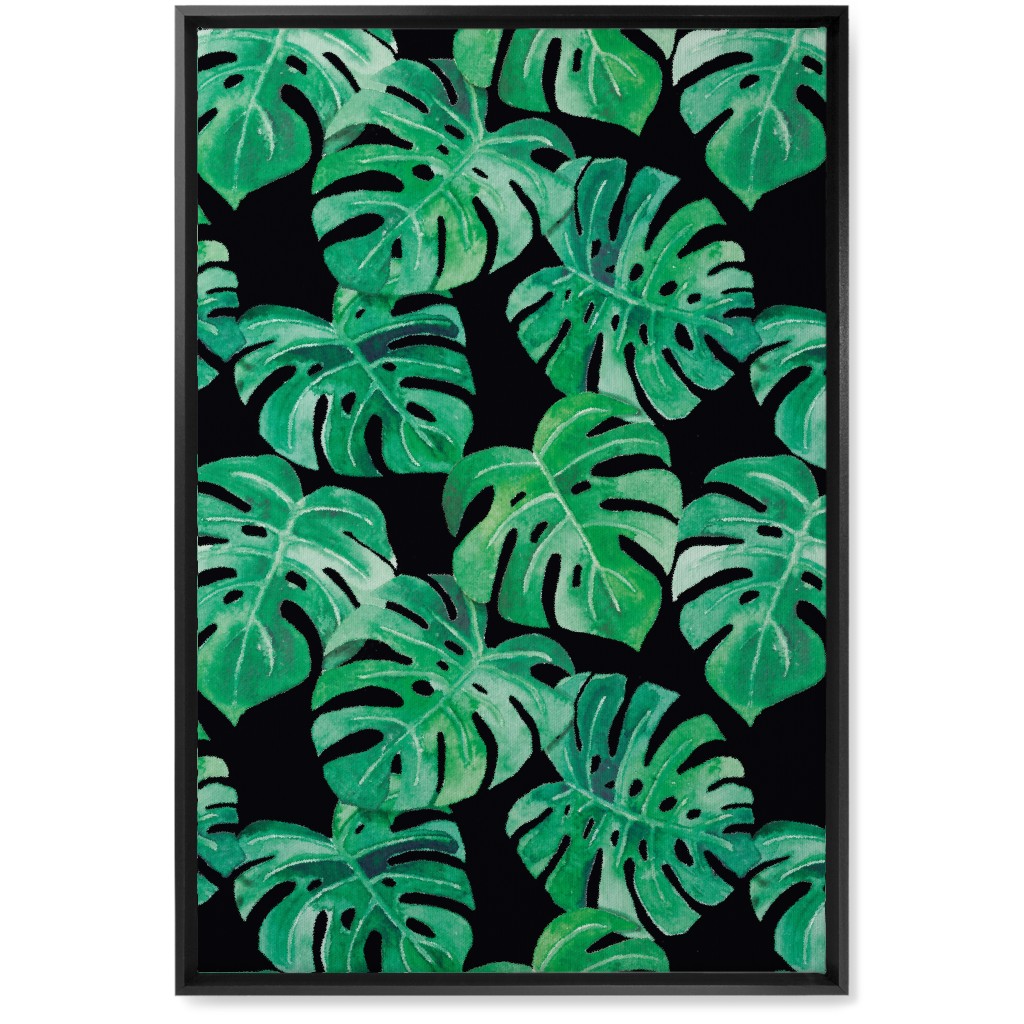 Watercolor Monstera Leaves Wall Art, Black, Single piece, Canvas, 20x30, Green, Grass