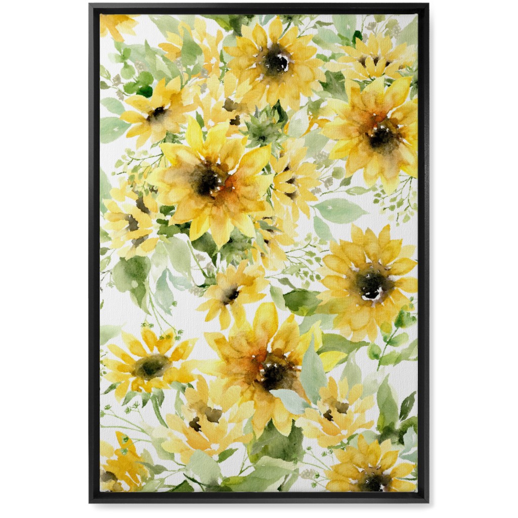 Field of Sunflowers Watercolor - Yellow Wall Art, Black, Single piece, Canvas, 20x30, Yellow