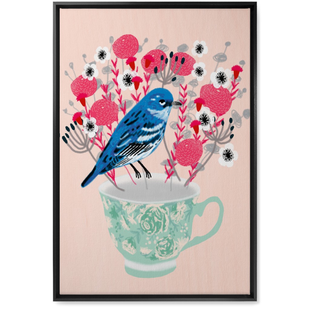 Blue Bird on Teacup Bouquet Wall Art, Black, Single piece, Canvas, 20x30, Multicolor