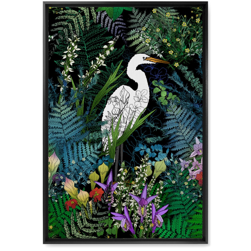 Egret in an Evening Water Garden - Multi Wall Art, Black, Single piece, Canvas, 20x30, Multicolor