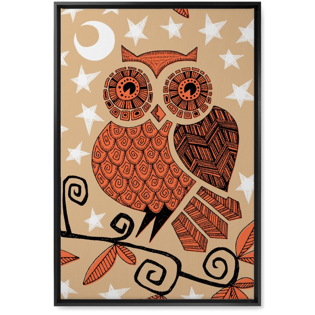 Owl Under the Moon - Orange & Brown Wall Art, Black, Single piece, Canvas, 20x30, Orange