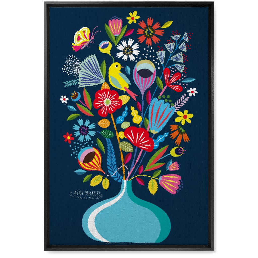 Folk Art Bouquet - Multi on Navy Wall Art, Black, Single piece, Canvas, 20x30, Multicolor