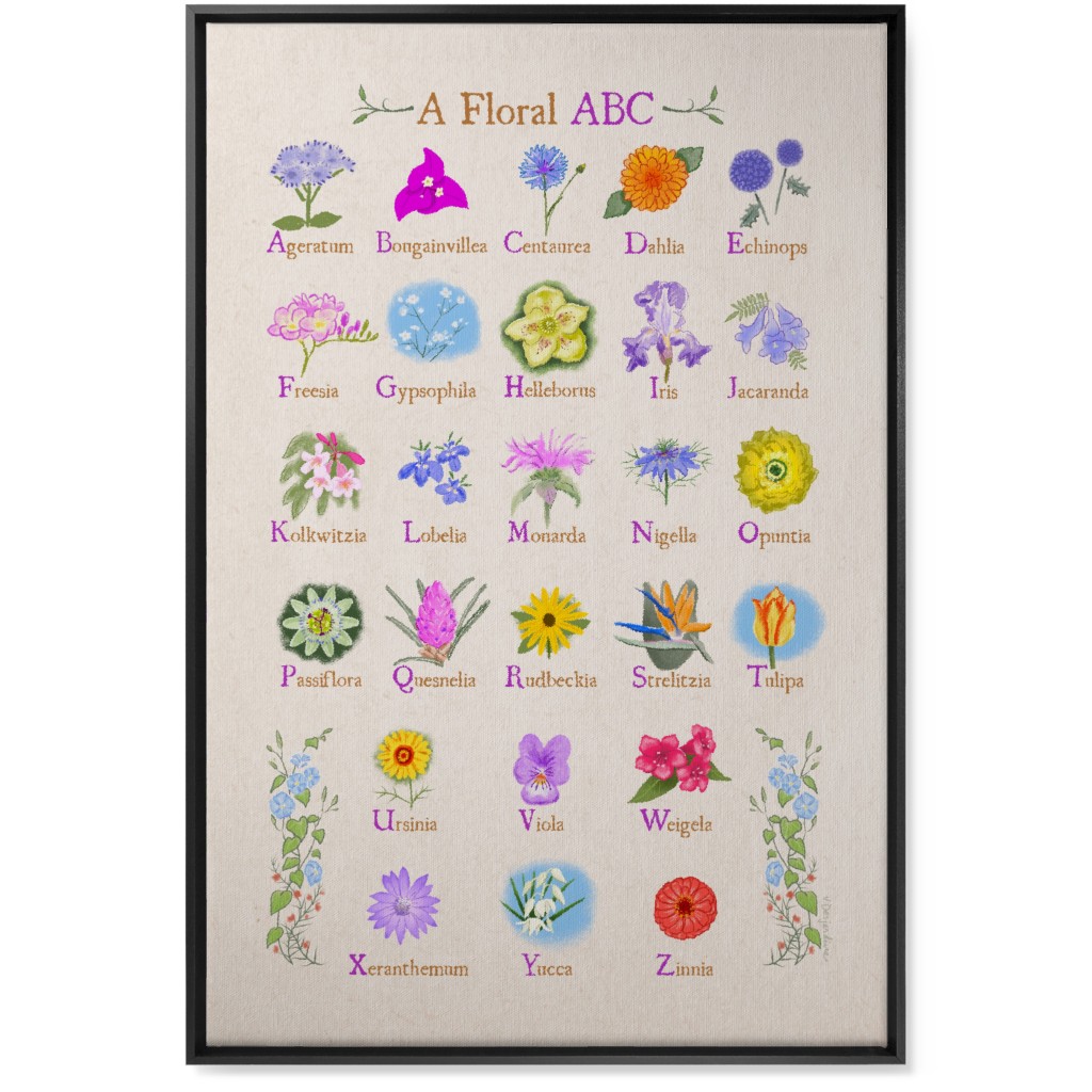Floral Abcs - Multi on Pink Wall Art, Black, Single piece, Canvas, 24x36, Multicolor