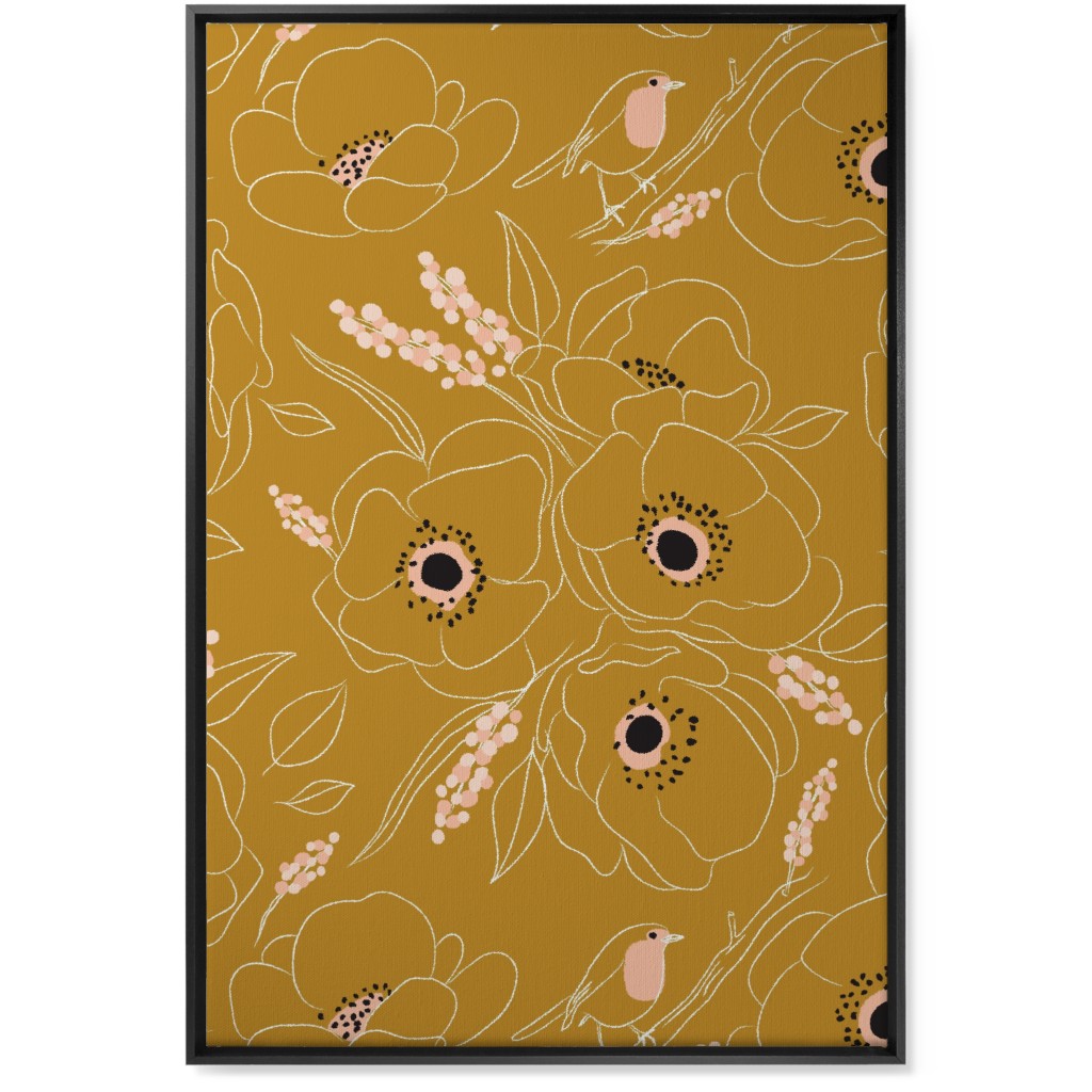 Freehand Robin & Winter Blooms - Gold Wall Art, Black, Single piece, Canvas, 24x36, Yellow
