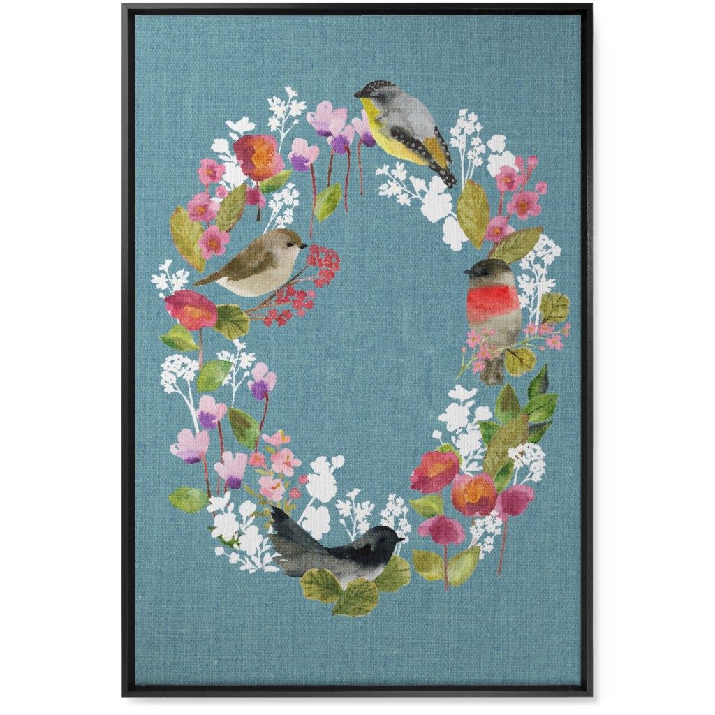 Winter Birds in the Garden Wreath - Blue Wall Art, Black, Single piece, Canvas, 24x36, Blue, True Blue