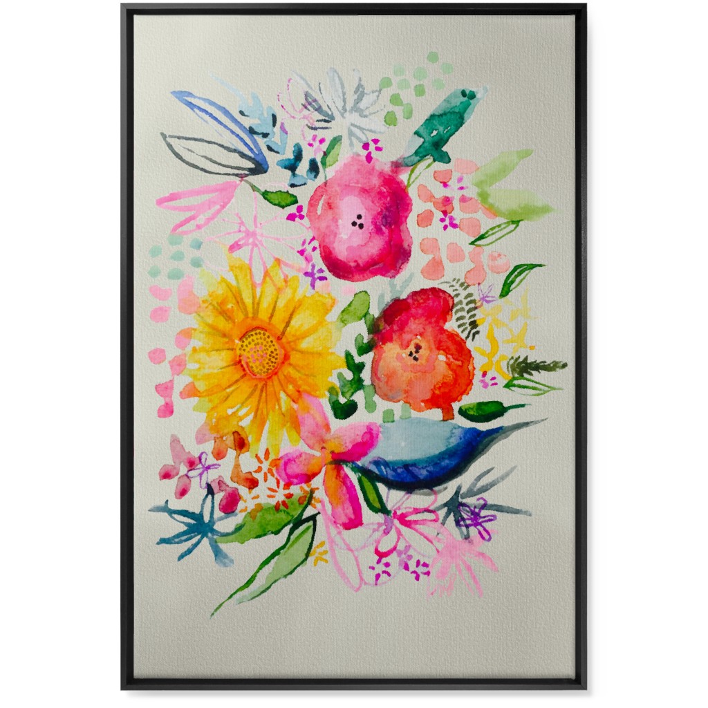 Summer Watercolor Floral Painting - Bright Wall Art, Black, Single piece, Canvas, 24x36, Multicolor