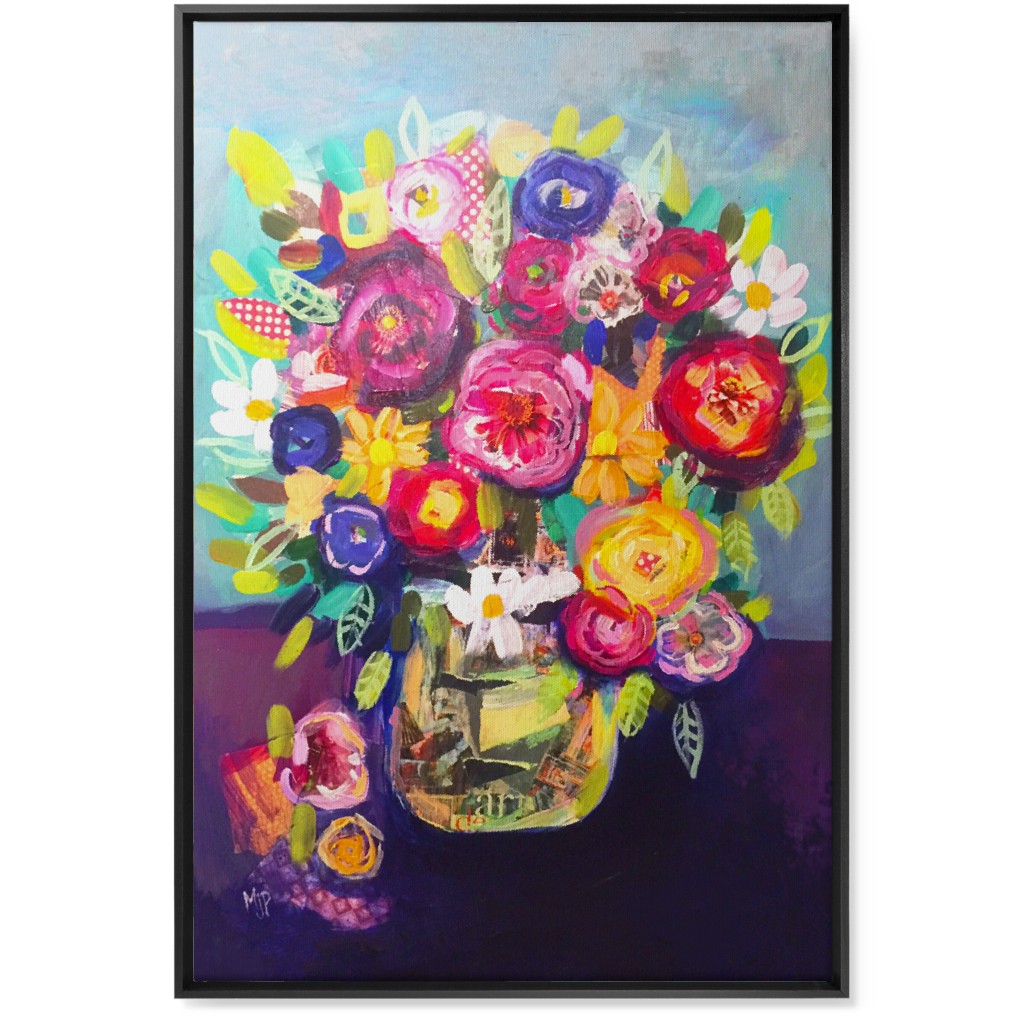 Acrylic Summer Floral Bouquet - Vibrant Wall Art, Black, Single piece, Canvas, 24x36, Multicolor