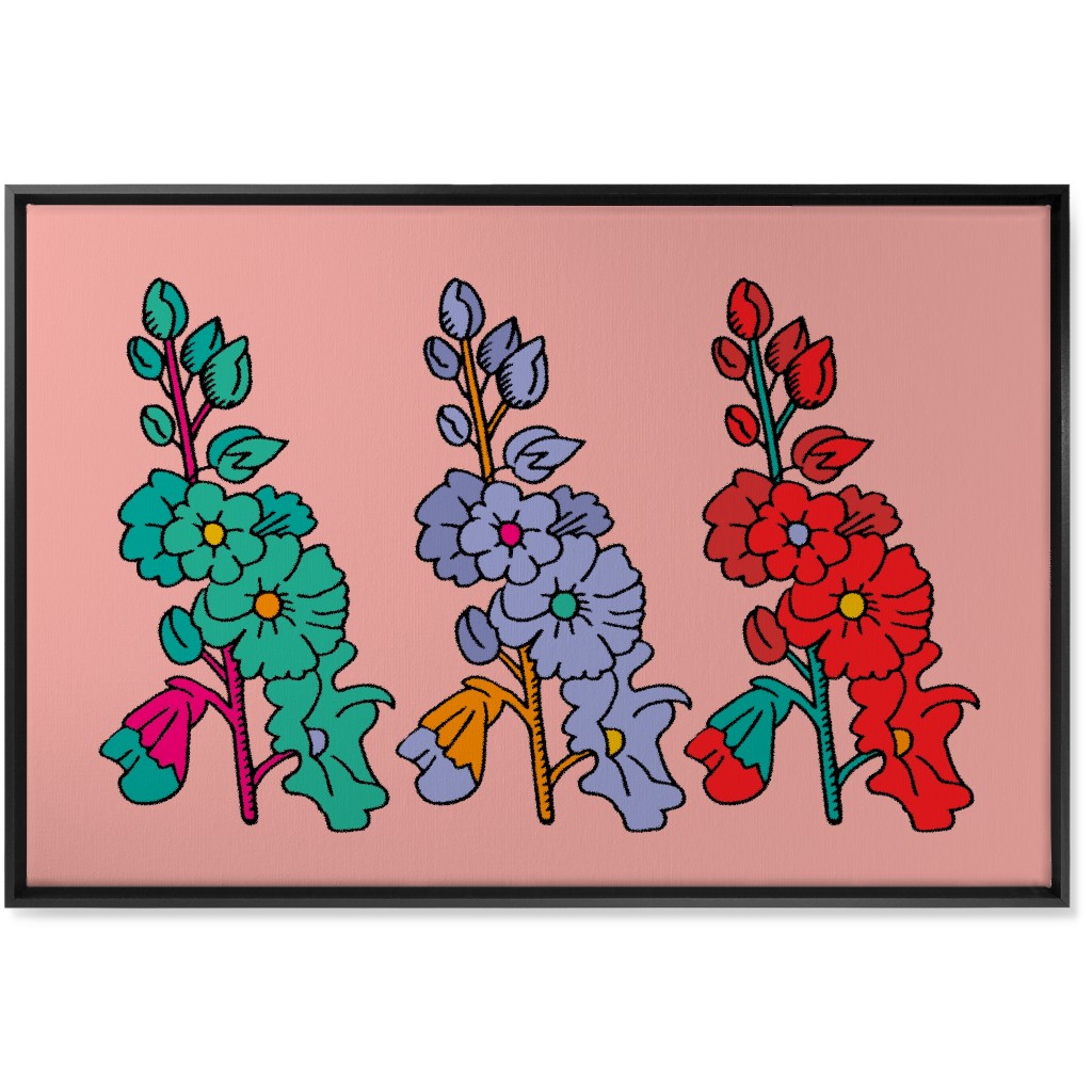Row of Colorful Hollyhocks - Multi on Pink Wall Art, Black, Single piece, Canvas, 24x36, Multicolor