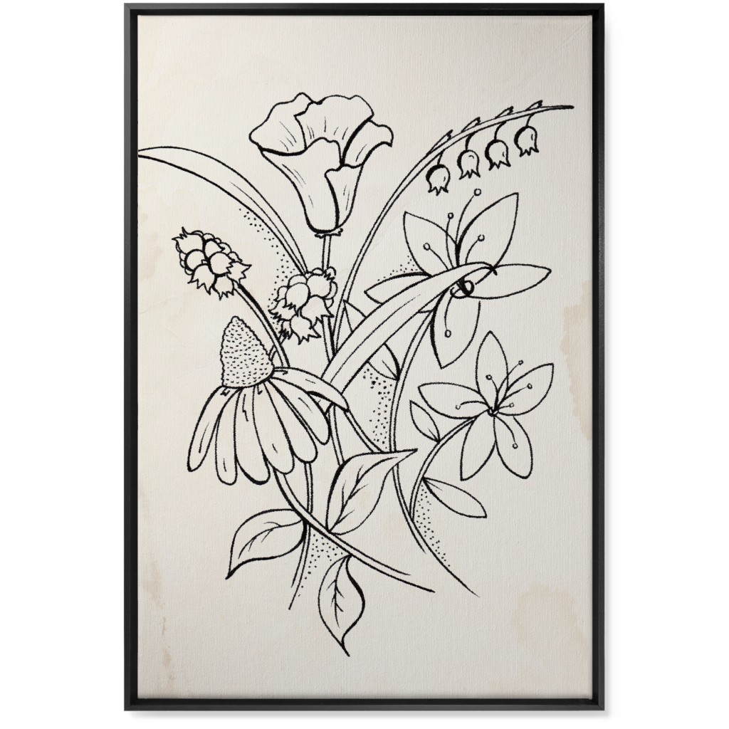 Vintage Wildflower Sketch - Beige and Black Wall Art, Black, Single piece, Canvas, 24x36, Beige, Pearl