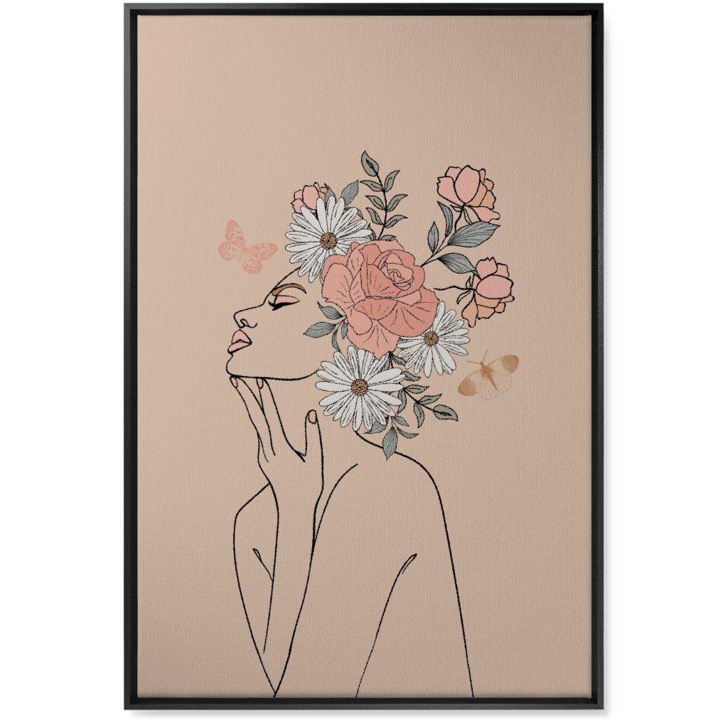 Feminine Line Art Botanical Sketch - Neutral Wall Art, Black, Single piece, Canvas, 24x36, Beige
