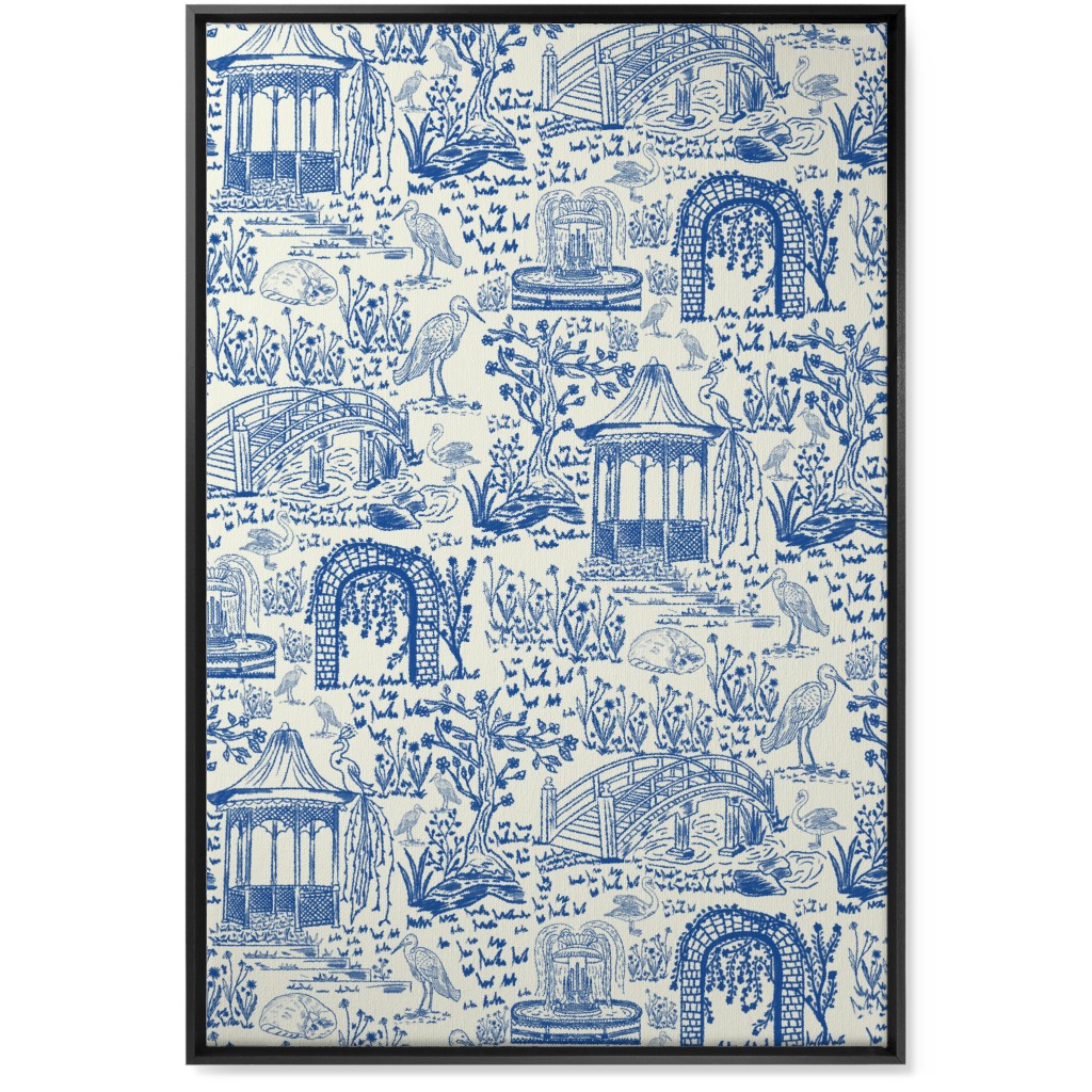 Garden Walk Toile De Jouy - Blue Wall Art, Black, Single piece, Canvas, 24x36, Blue, True Blue