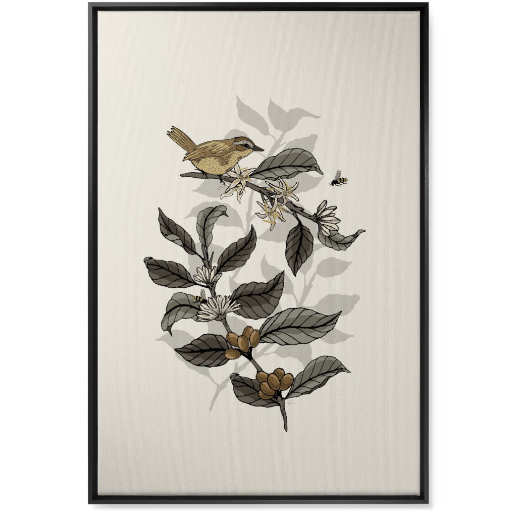 Bee, Bird and Coffee Plant - Neutral Wall Art, Black, Single piece, Canvas, 24x36, Beige, Pearl