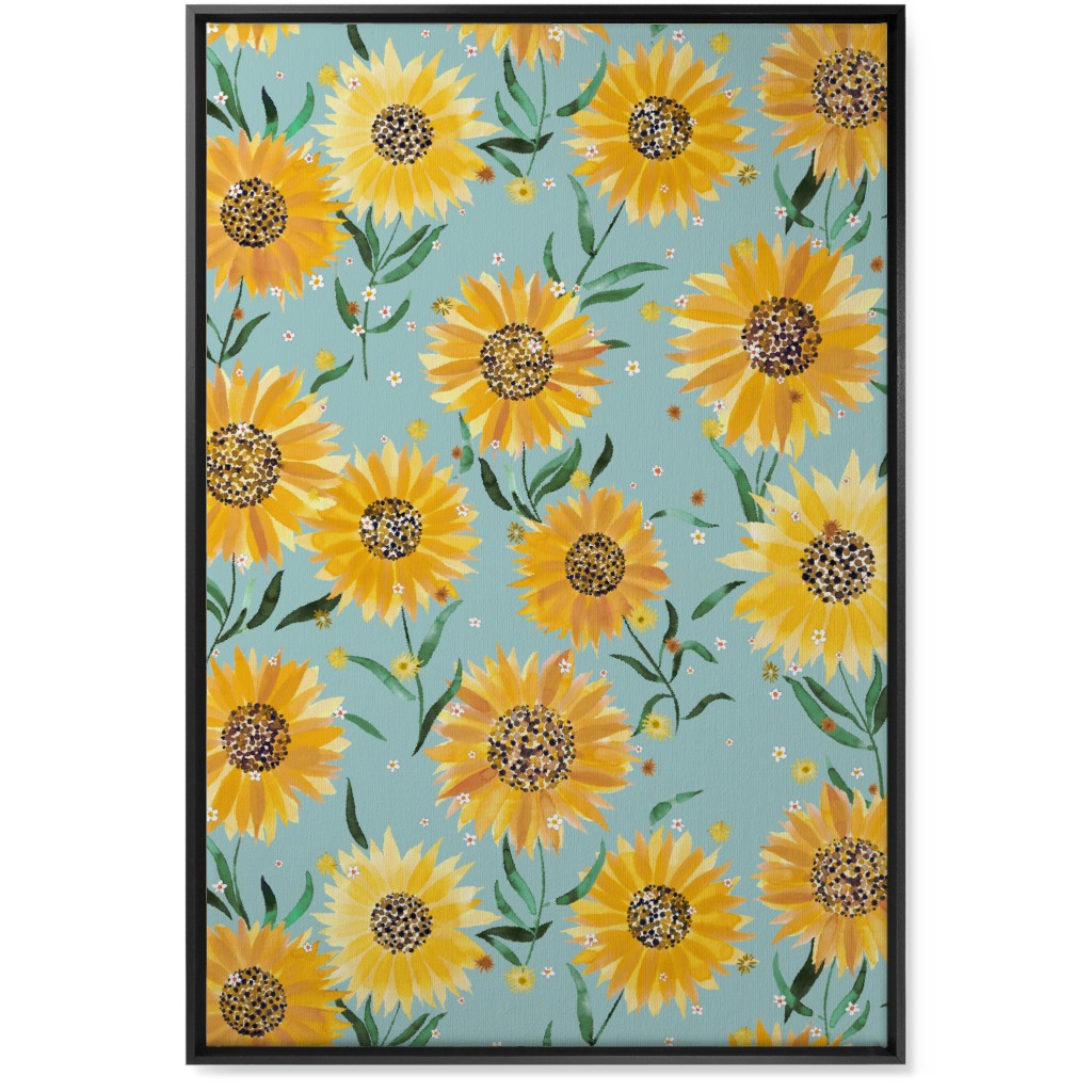 Happy Sunflowers - Yellow on Green Wall Art, Black, Single piece, Canvas, 24x36, Yellow