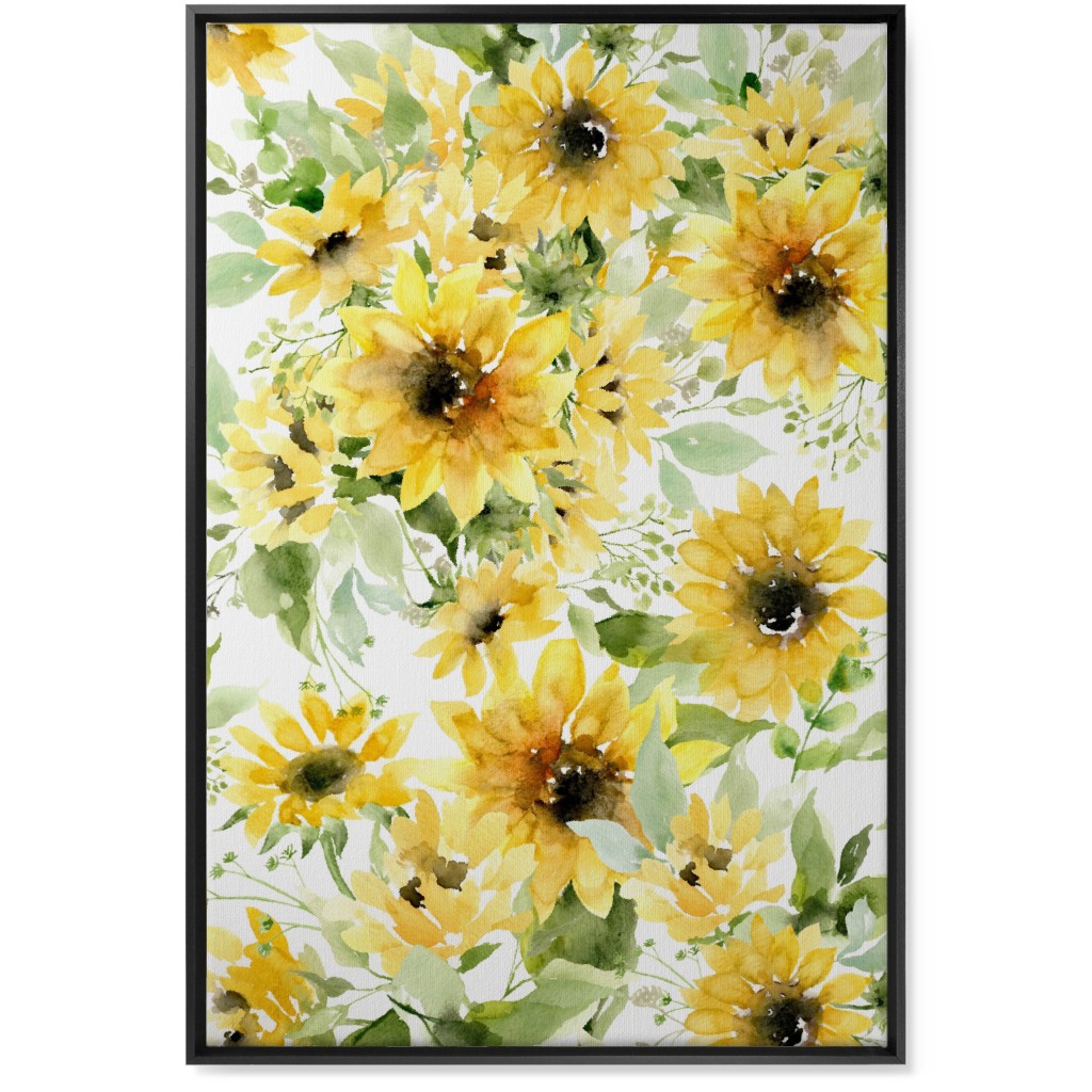 Field of Sunflowers Watercolor - Yellow Wall Art, Black, Single piece, Canvas, 24x36, Yellow