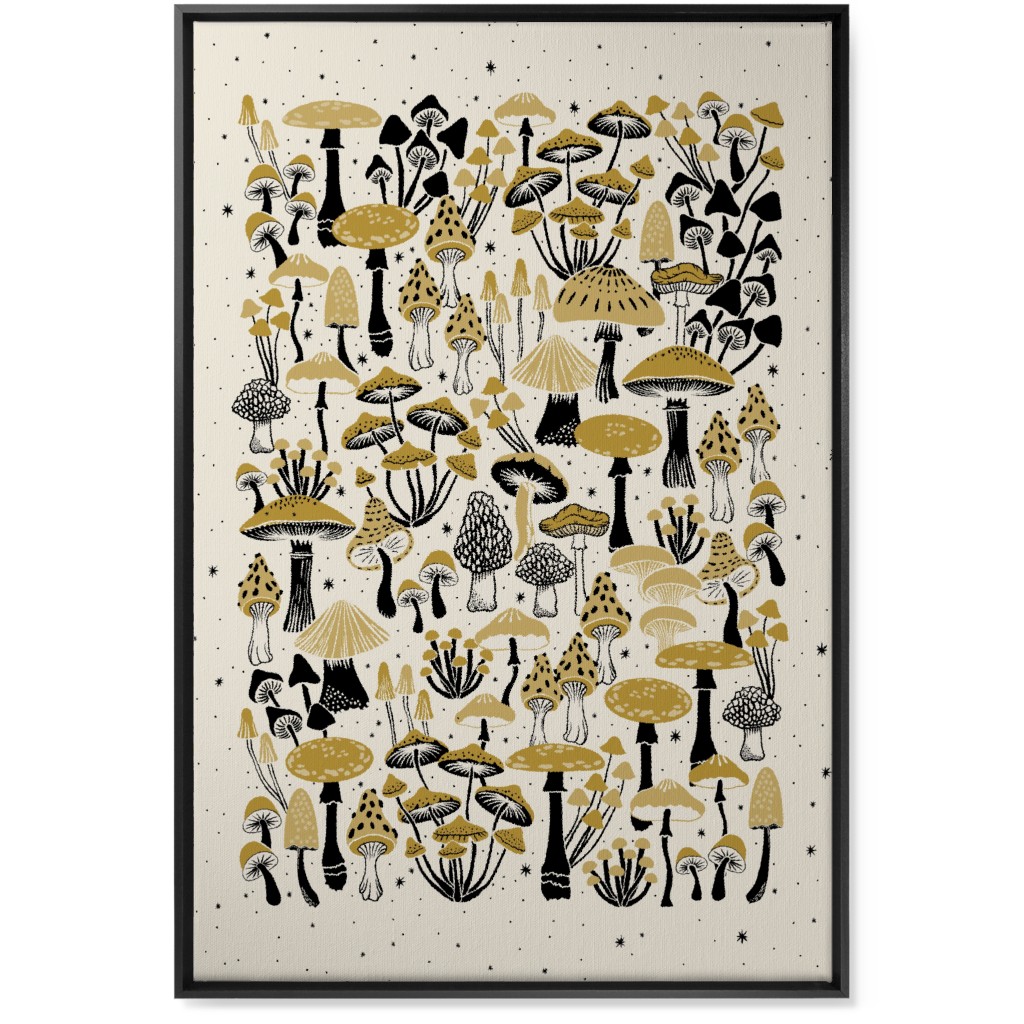 Mushrooms and Stars Wall Art, Black, Single piece, Canvas, 24x36, Yellow