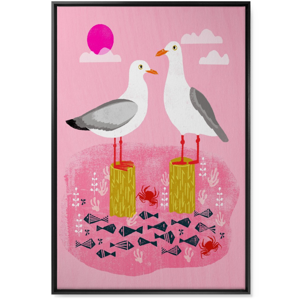 Perched Seagulls - Pink Wall Art, Black, Single piece, Canvas, 24x36, Pink, Bright Pink