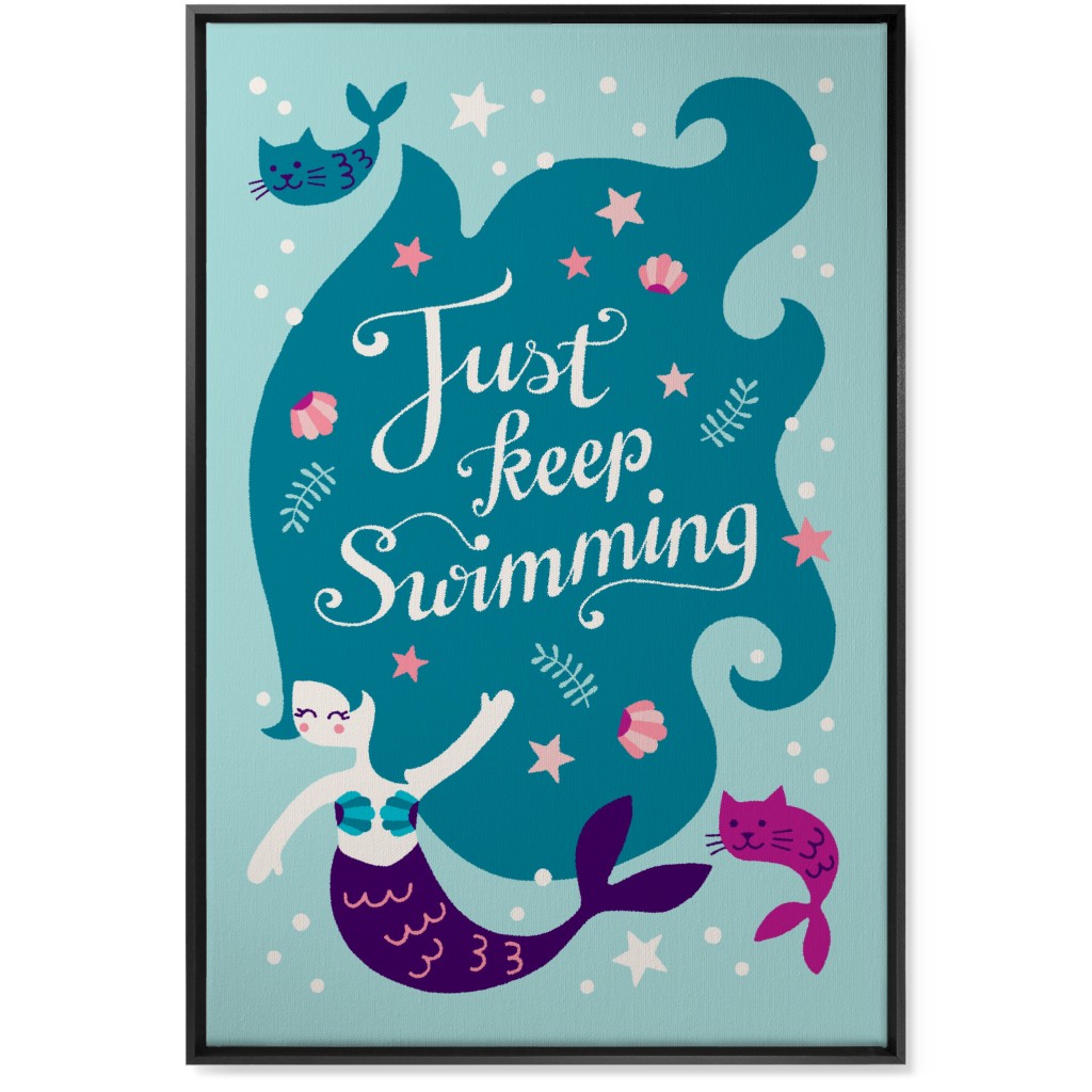Mermaid Just Keep Swimming - Blue Wall Art, Black, Single piece, Canvas, 24x36, Blue, True Blue