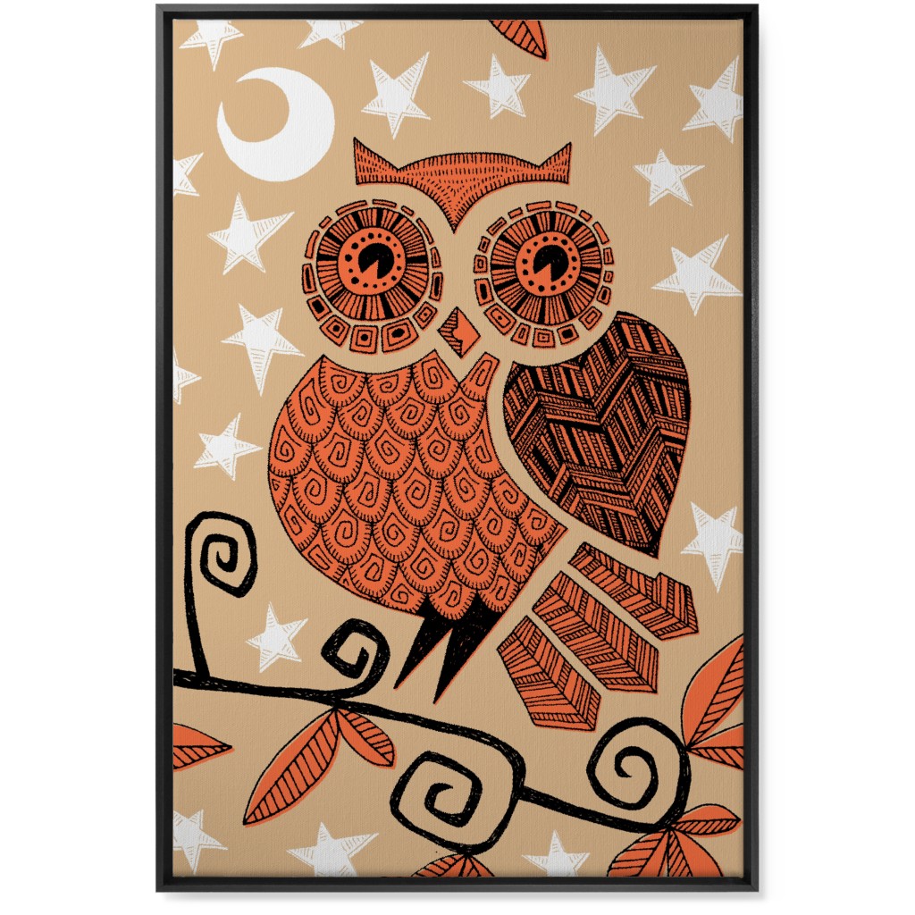 Owl Under the Moon - Orange & Brown Wall Art, Black, Single piece, Canvas, 24x36, Orange, Orange