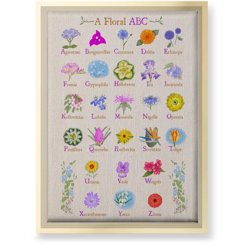 Floral Abcs - Multi on Pink Wall Art, Gold, Single piece, Canvas, 10x14, Multicolor
