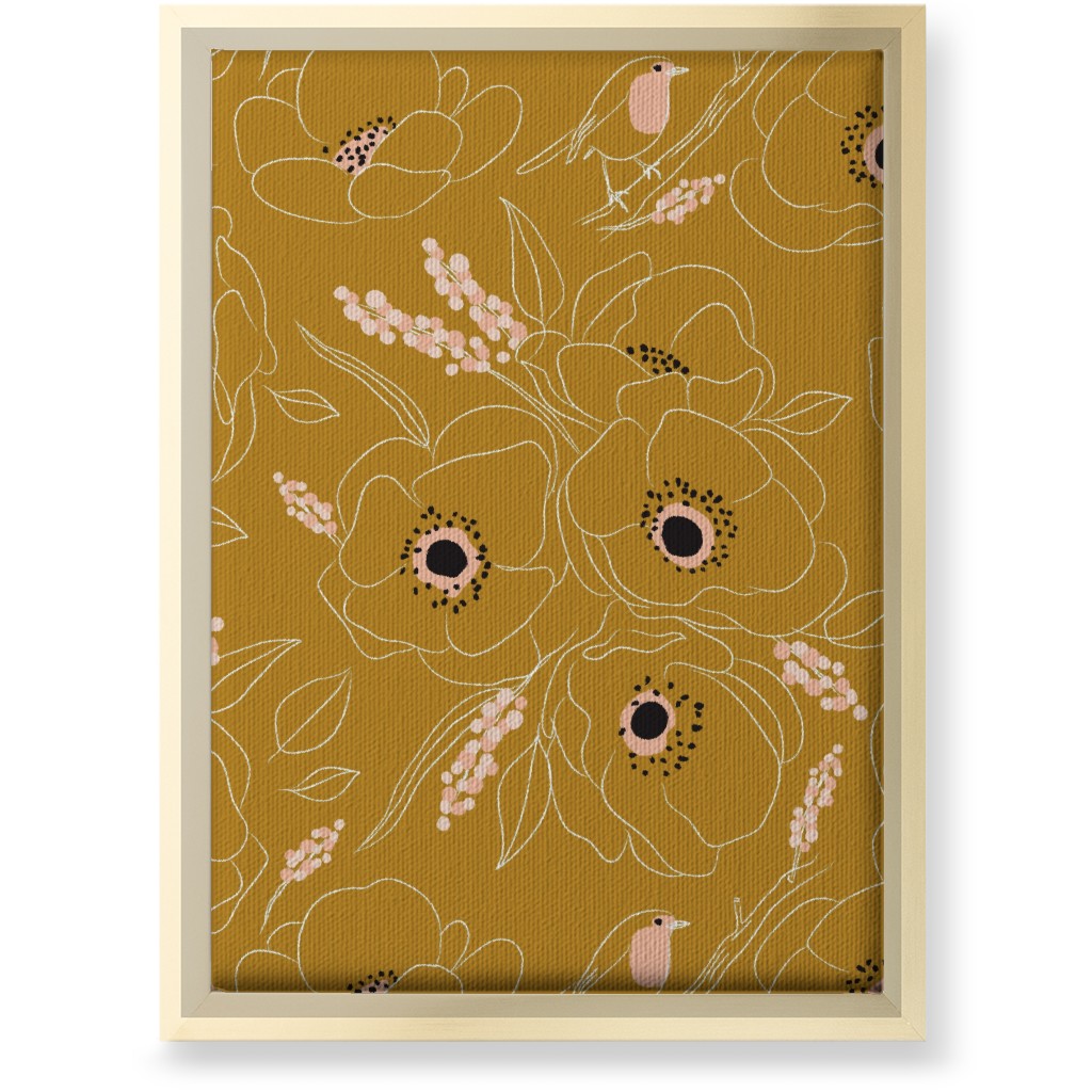 Freehand Robin & Winter Blooms - Gold Wall Art, Gold, Single piece, Canvas, 10x14, Yellow