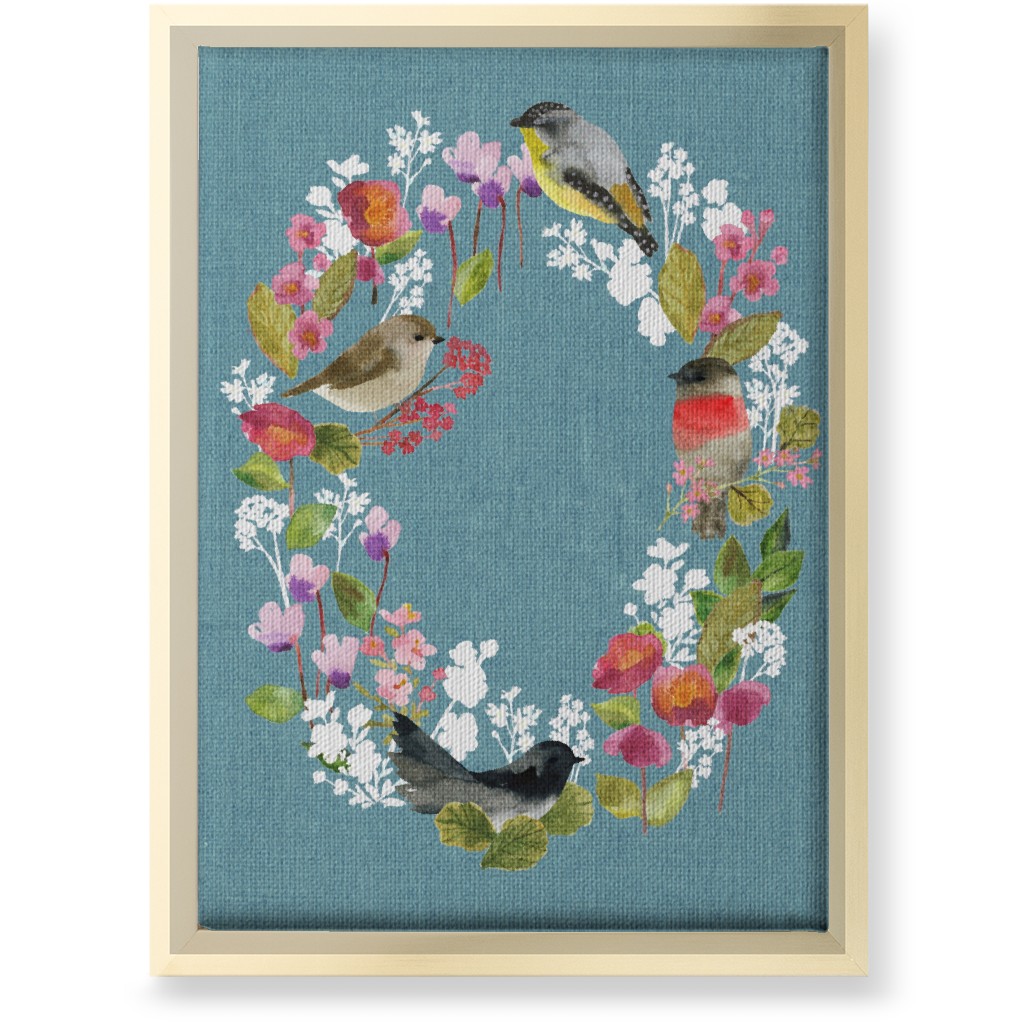 Winter Birds in the Garden Wreath - Blue Wall Art, Gold, Single piece, Canvas, 10x14, Blue