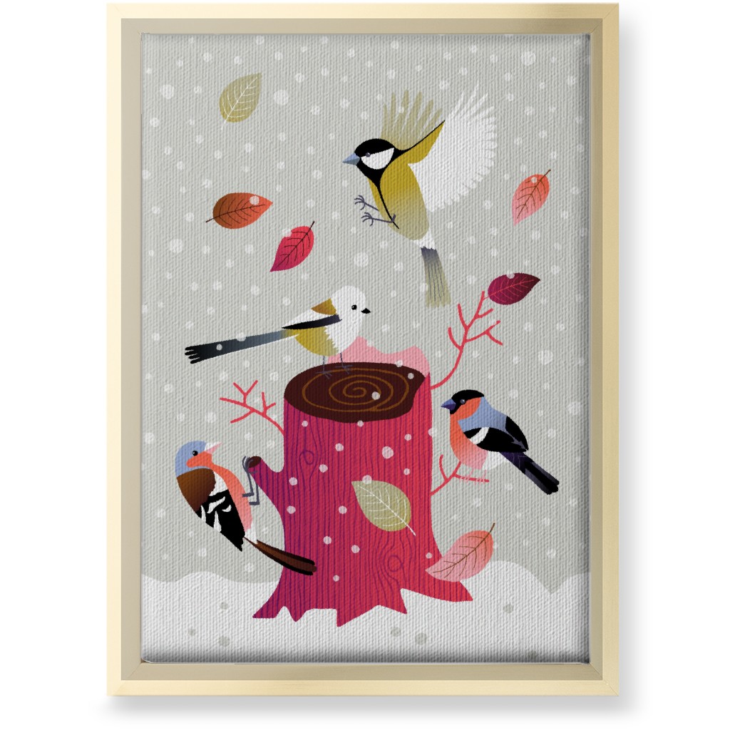 Winter Birds on Tree Stump - Red & Gray Wall Art, Gold, Single piece, Canvas, 10x14, Multicolor