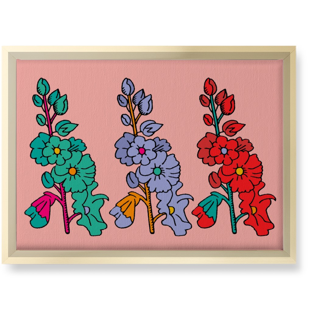 Row of Colorful Hollyhocks - Multi on Pink Wall Art, Gold, Single piece, Canvas, 10x14, Multicolor