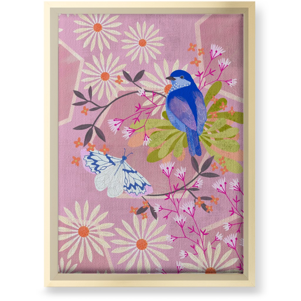 Birds and Butterfly - Pink Wall Art, Gold, Single piece, Canvas, 10x14, Pink, Bright Pink