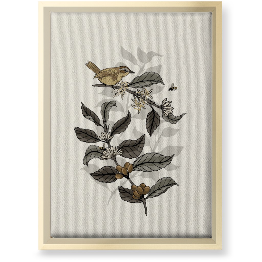 Bee, Bird and Coffee Plant - Neutral Wall Art, Gold, Single piece, Canvas, 10x14, Beige, Pearl