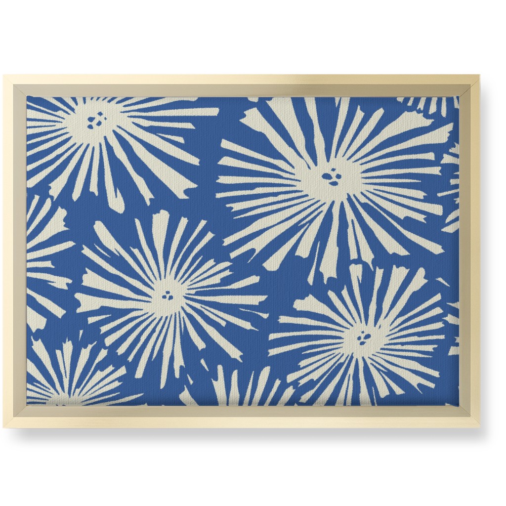 Cactus Blooms - Cream on Blue Wall Art, Gold, Single piece, Canvas, 10x14, Blue