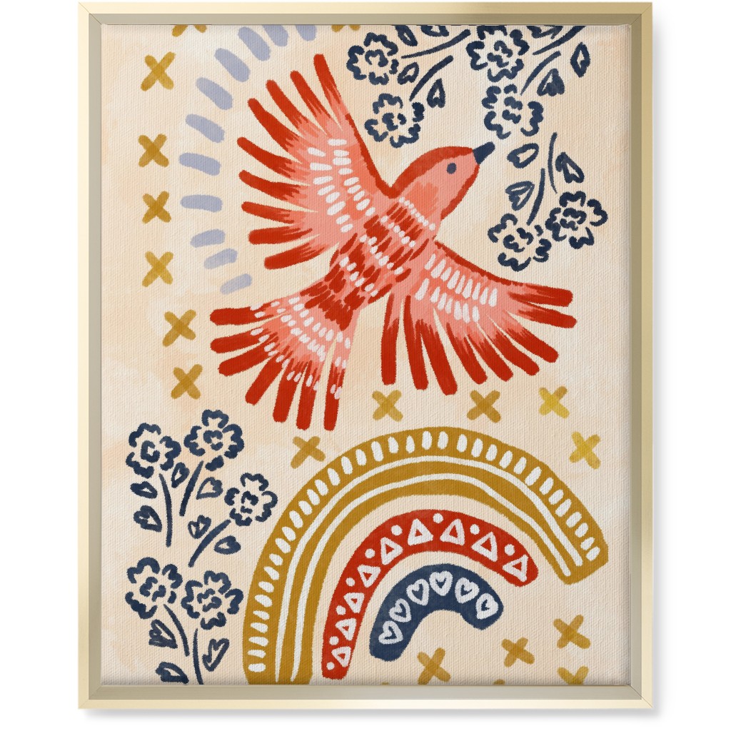 Bird, Rainbow, Flower, Spring Wall Art Wall Art, Gold, Single piece, Canvas, 16x20, Multicolor