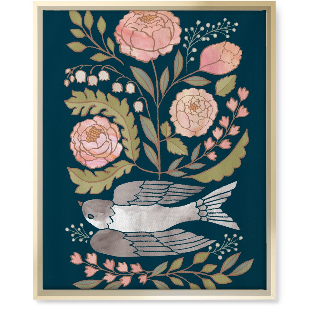 Bloom - Dove & Pink Peonies on Blue Wall Art, Gold, Single piece, Canvas, 16x20, Multicolor