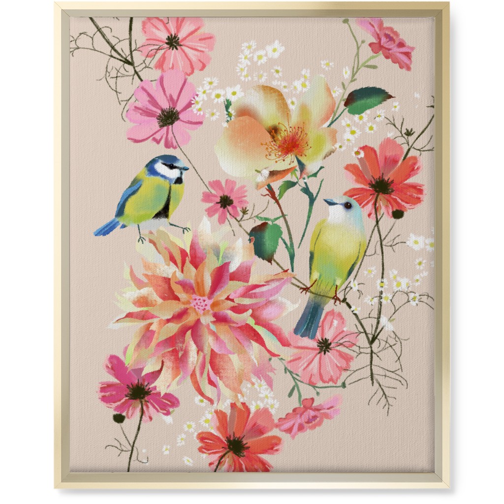 Birds With Dahlias and Cosmea Wall Art, Gold, Single piece, Canvas, 16x20, Pink