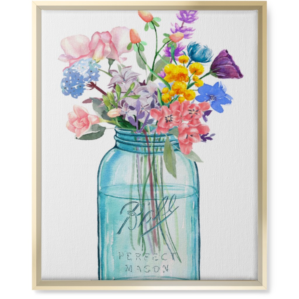 Watercolor Floral Mason Jar Bouquet Painting - Multi Wall Art, Gold, Single piece, Canvas, 16x20, Multicolor