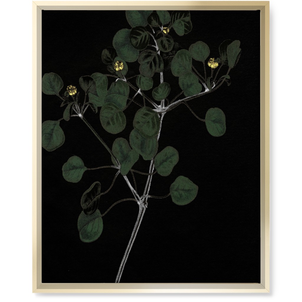 Midnight Botanical Sprig With Leaves - Black and Green Wall Art, Gold, Single piece, Canvas, 16x20, Black, Black