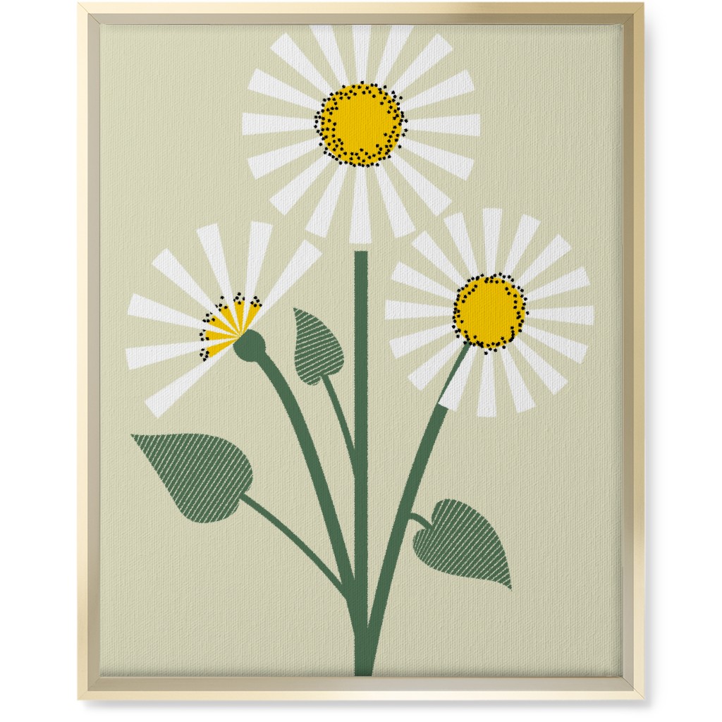 Abstract Daisy Flower - White on Beige Wall Art, Gold, Single piece, Canvas, 16x20, Green, Classic Green