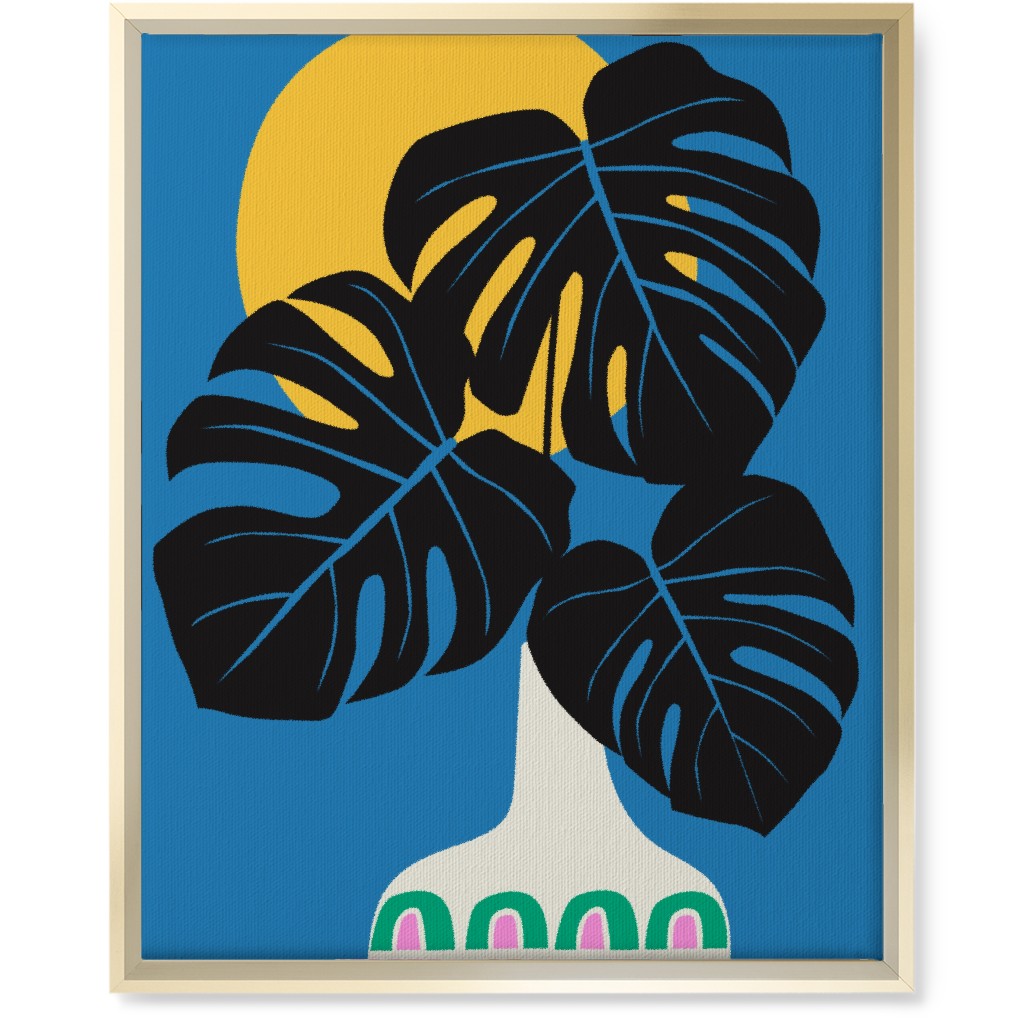 Monstera Leaves in a Vase - Blue Wall Art, Gold, Single piece, Canvas, 16x20, Blue