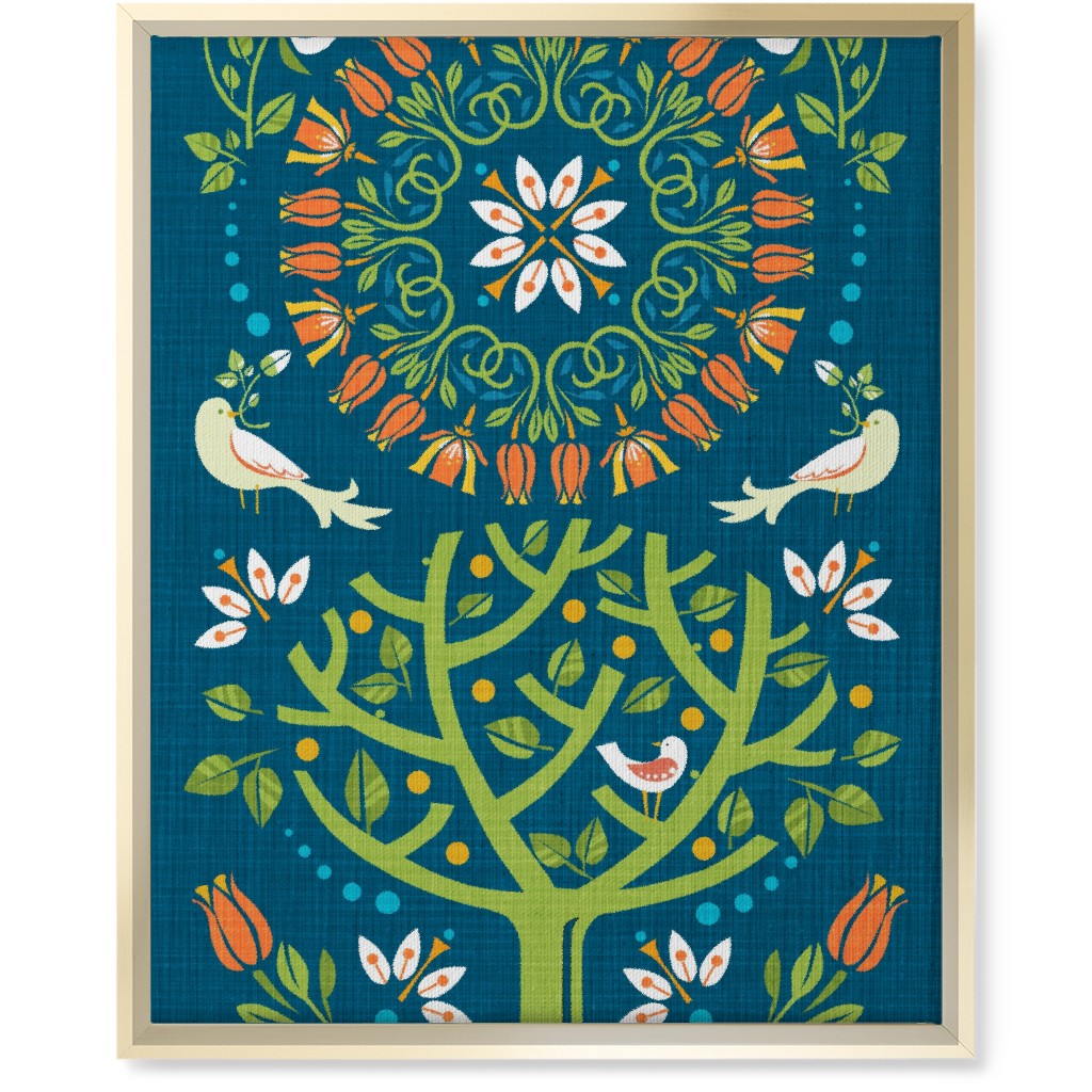 Peaceful Folk Birds Wall Art, Gold, Single piece, Canvas, 16x20, Blue, True Blue
