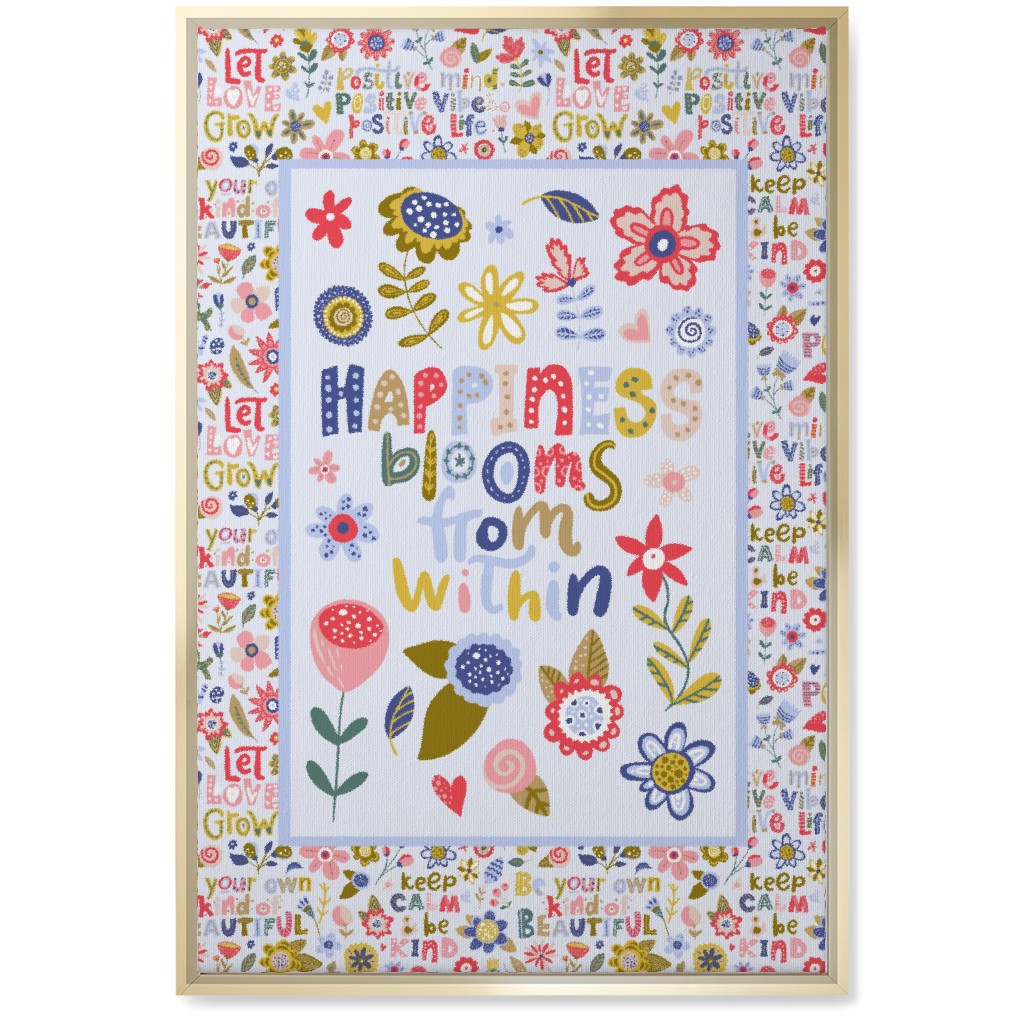 Happiness Blooms From Within - Inspirational Floral Wall Art, Gold, Single piece, Canvas, 20x30, Multicolor