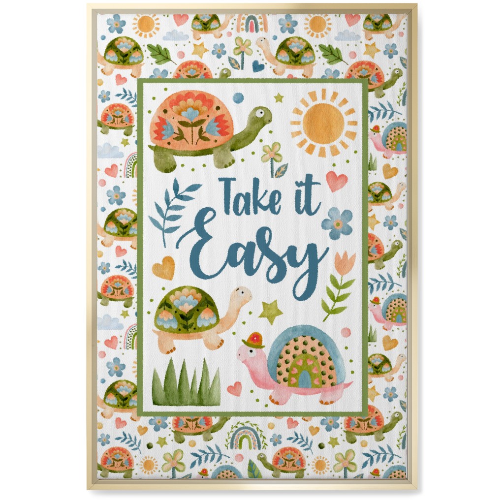 Take It Easy - Turtles & Spring Flowers Wall Art, Gold, Single piece, Canvas, 20x30, Multicolor