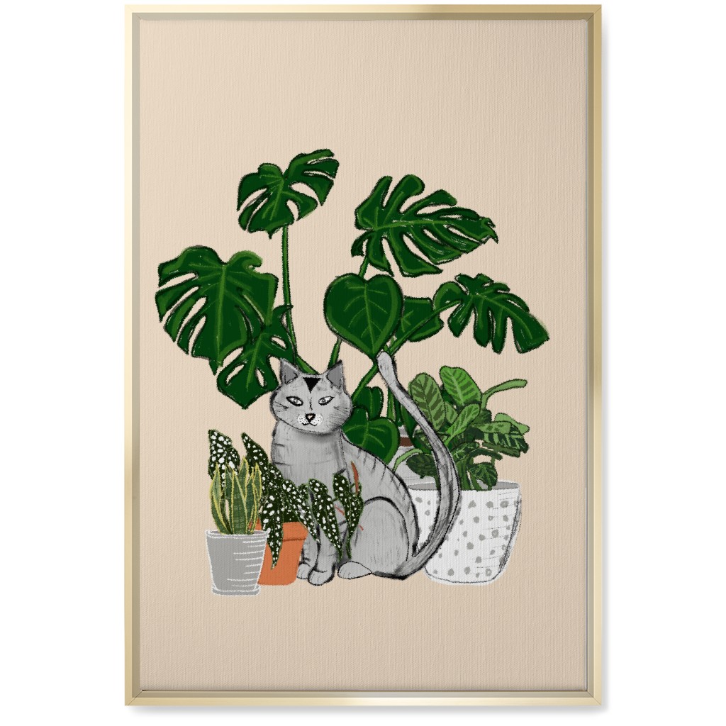 Indoor Garden Cat Wall Art, Gold, Single piece, Canvas, 20x30, Multicolor