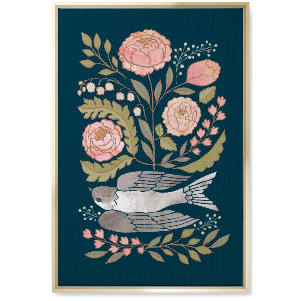 Bloom - Dove & Pink Peonies on Blue Wall Art, Gold, Single piece, Canvas, 20x30, Multicolor