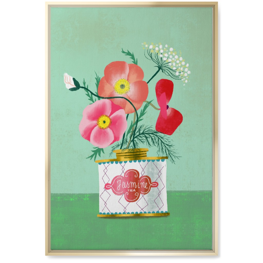 Poppies in Jasmine Tea Tin Wall Art, Gold, Single piece, Canvas, 20x30, Green